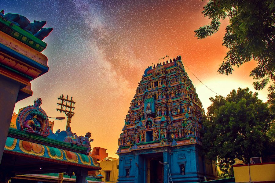 Tirupati temple gopuram illuminated at night